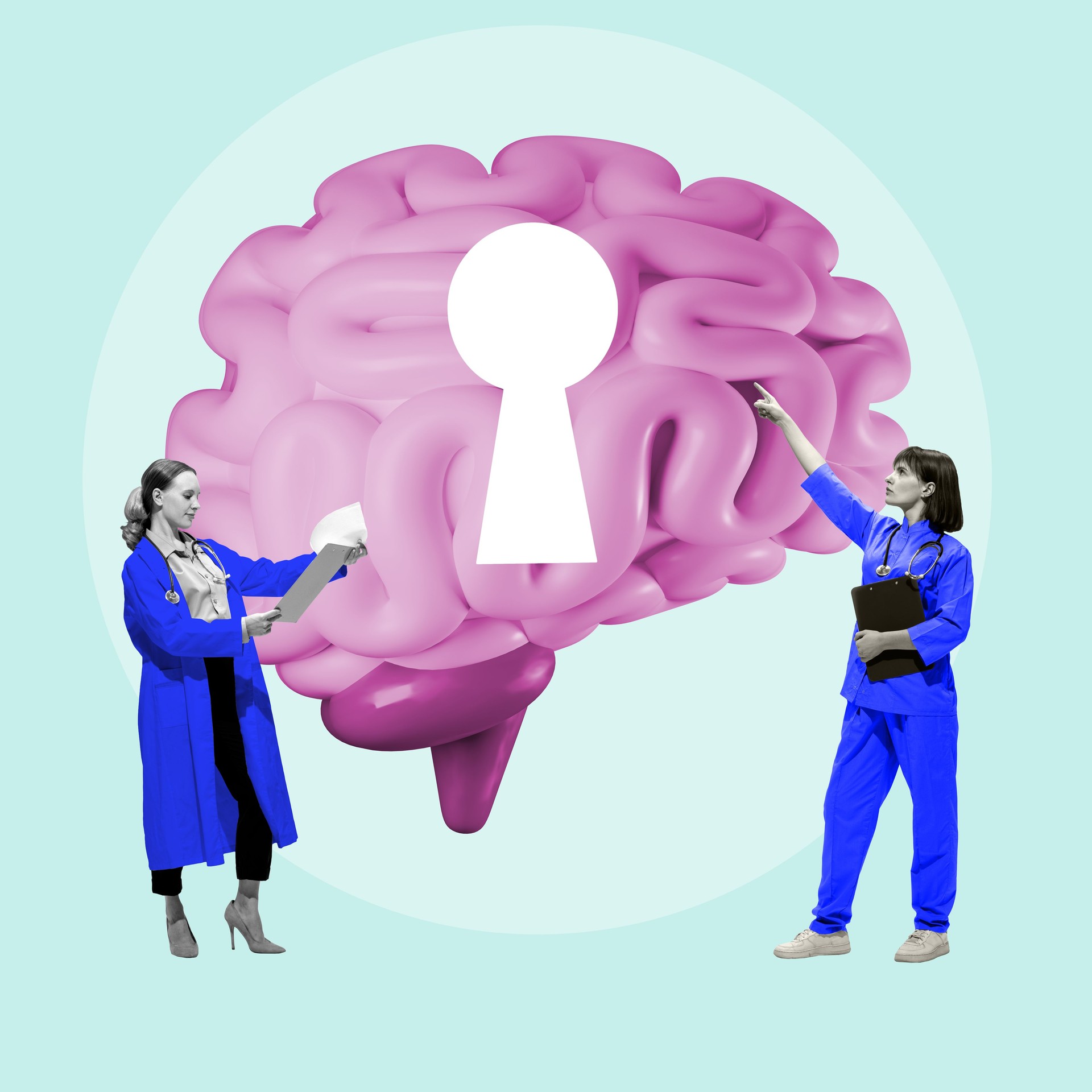 Contemporary art collage. Two doctors point at giant brain with keyhole representing exploration of cognitive mechanisms or unlocking solutions in mental health.
